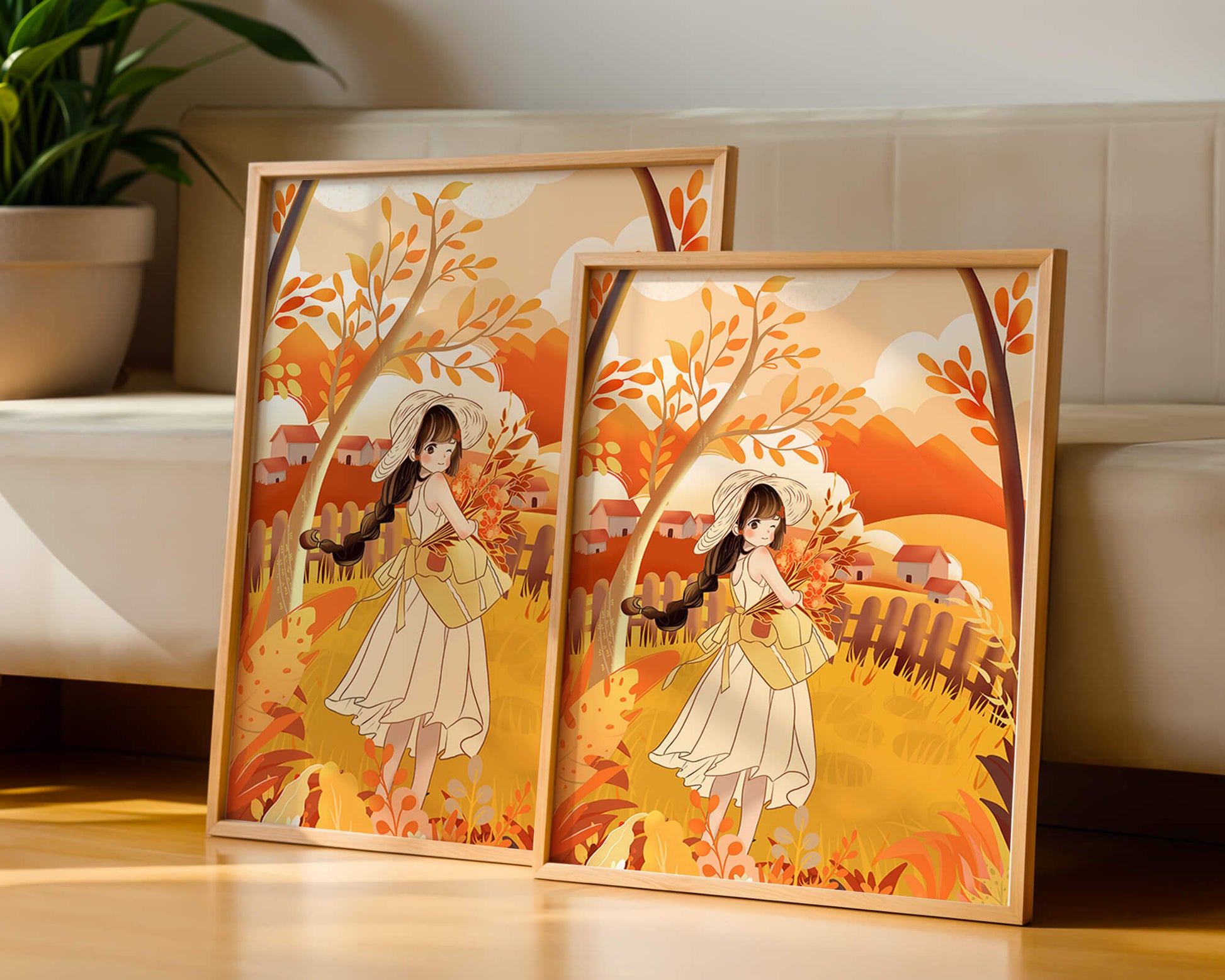 Illustration of a Girl in a Yellow Dress in Autumn Scenery