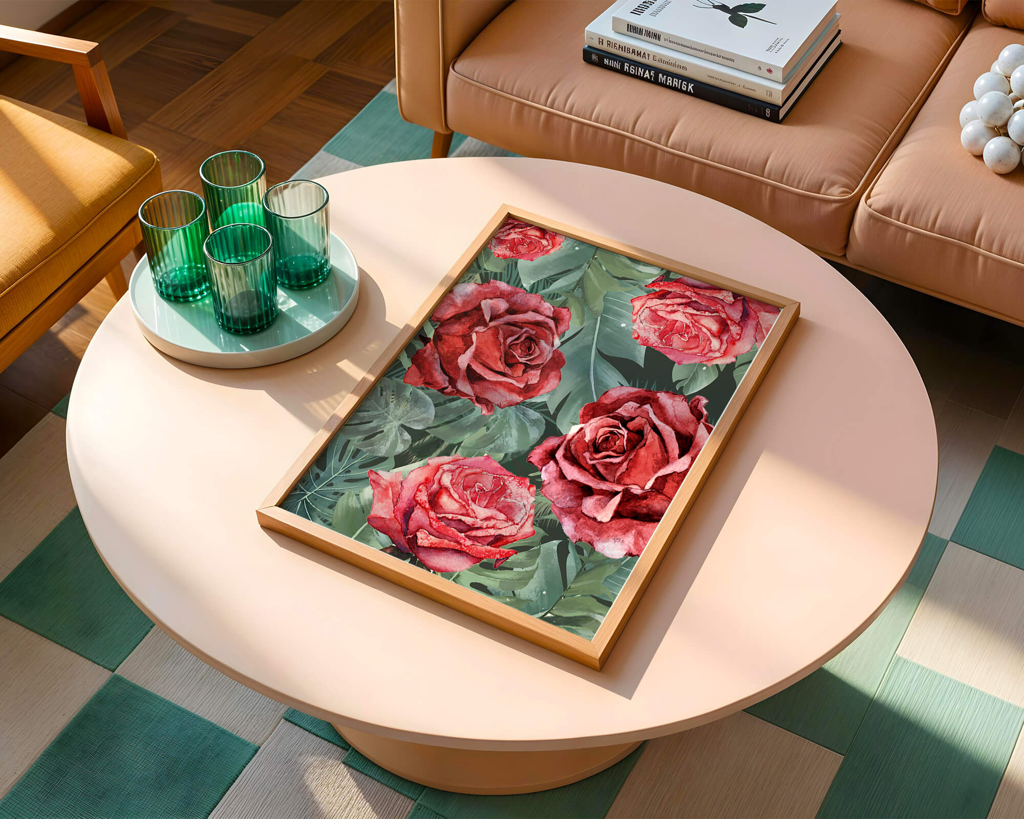 Red roses and green foliage pattern in watercolor style