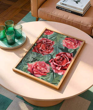 Red roses and green foliage pattern in watercolor style