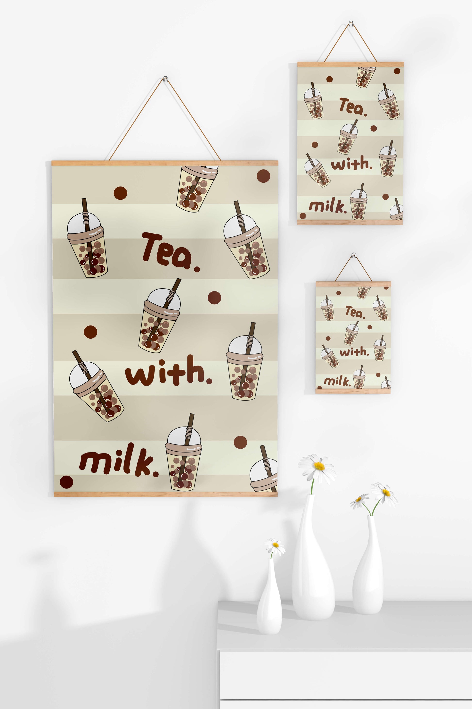Boba tea pattern with text and bubble illustrations