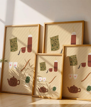 Illustración de un juego de té tradicional con hojas de té y accesorios