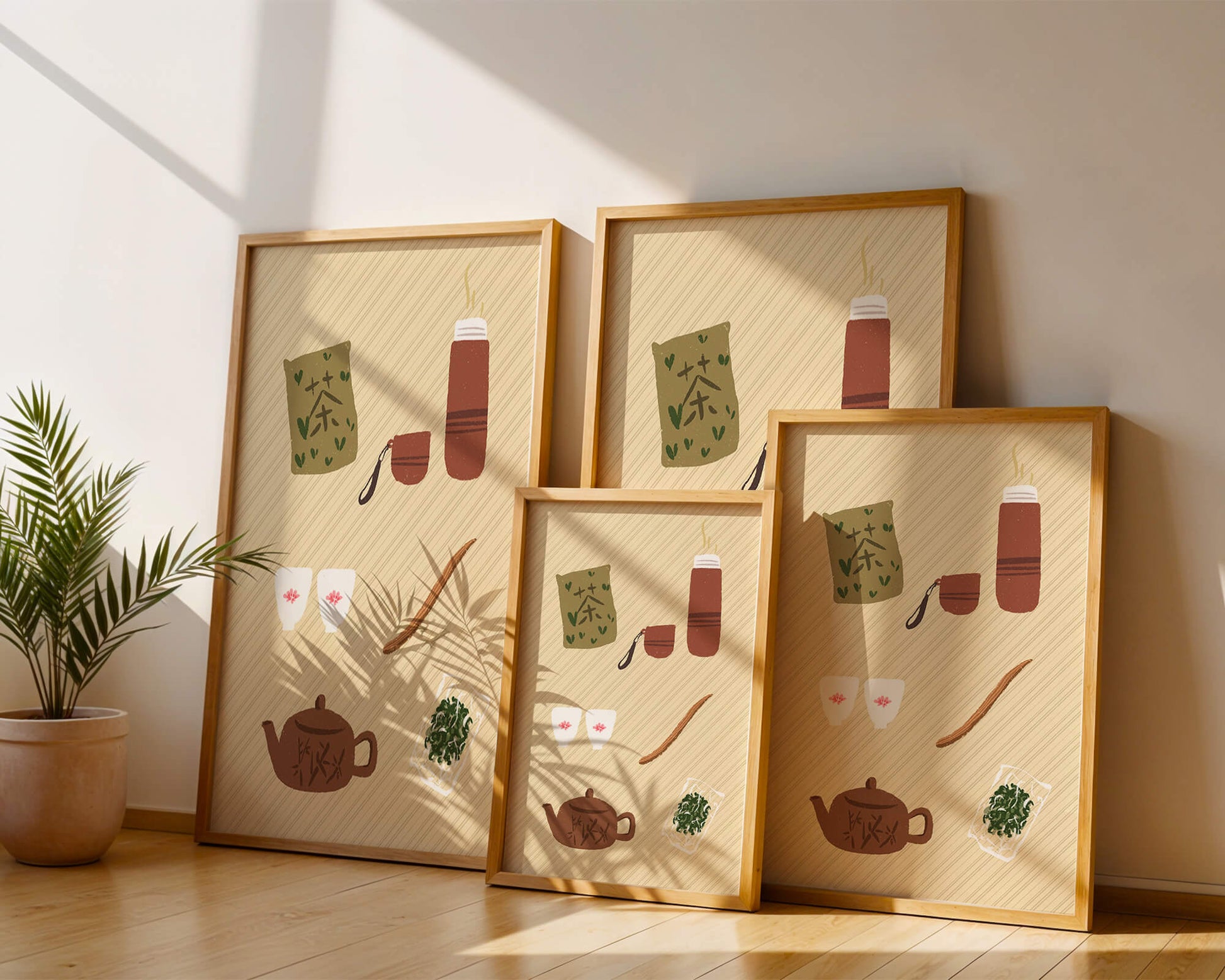 Illustración de un juego de té tradicional con hojas de té y accesorios