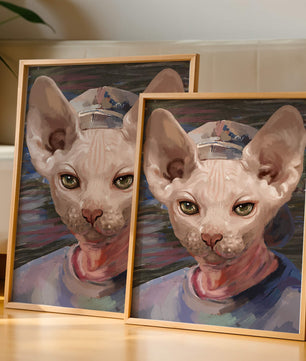 Painted portrait of a sphynx cat wearing a casual cap