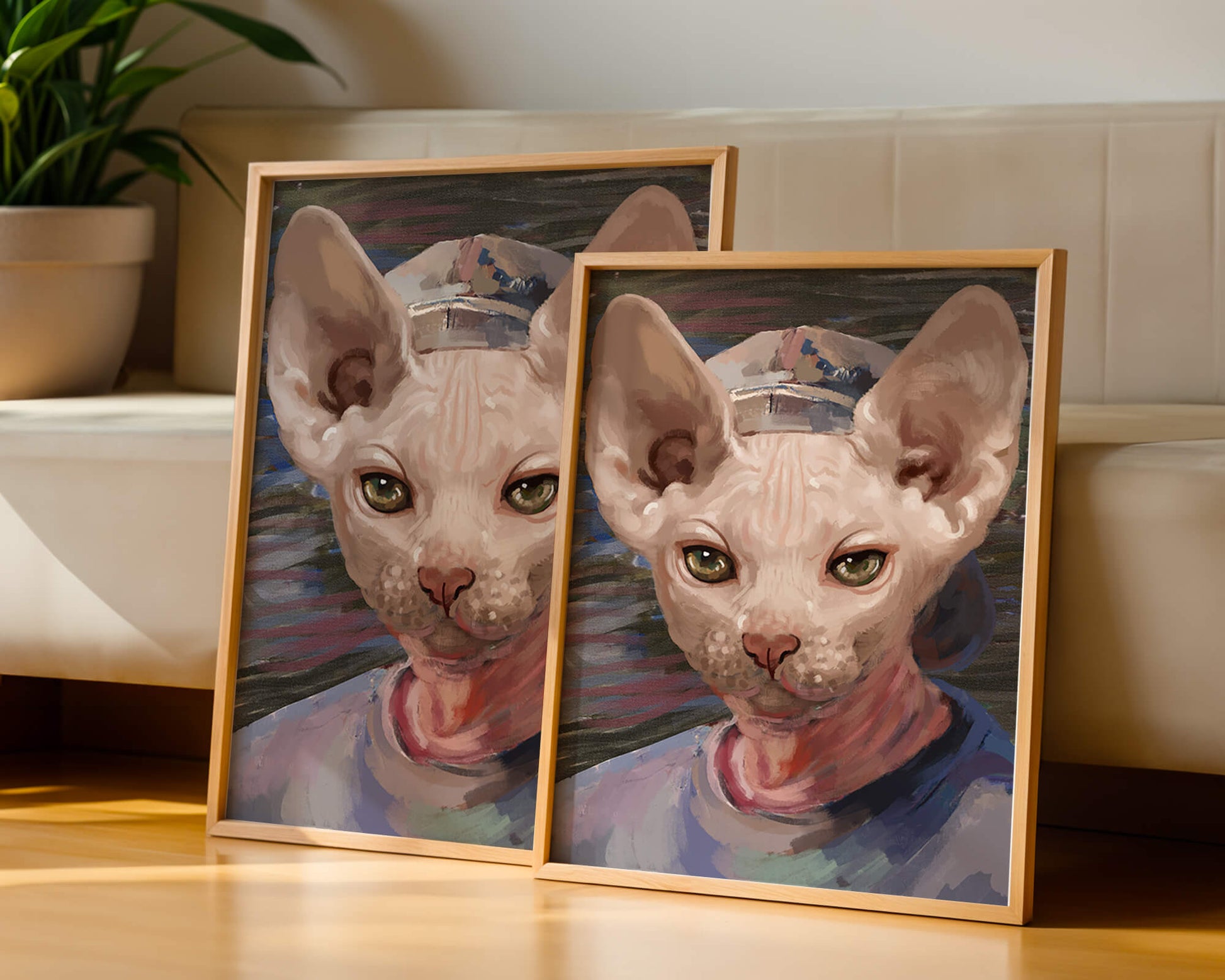 Painted portrait of a sphynx cat wearing a casual cap