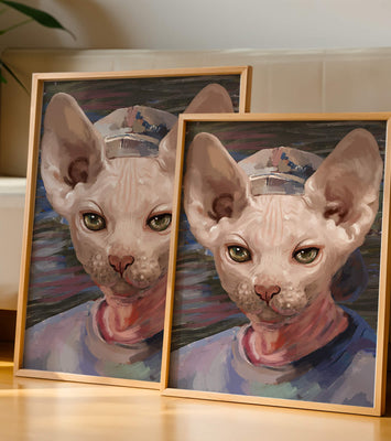 Painted portrait of a sphynx cat wearing a casual cap