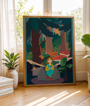 Figura femenina pacífica con criaturas del bosque y vegetación verde exuberante