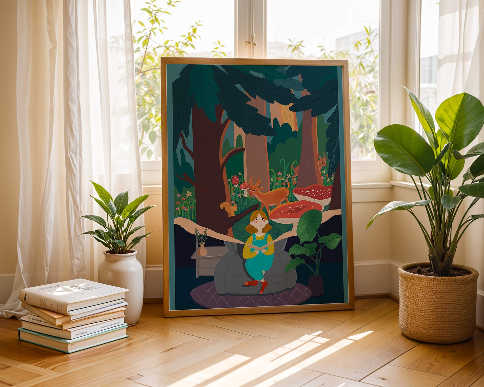 Figura femenina pacífica con criaturas del bosque y vegetación verde exuberante