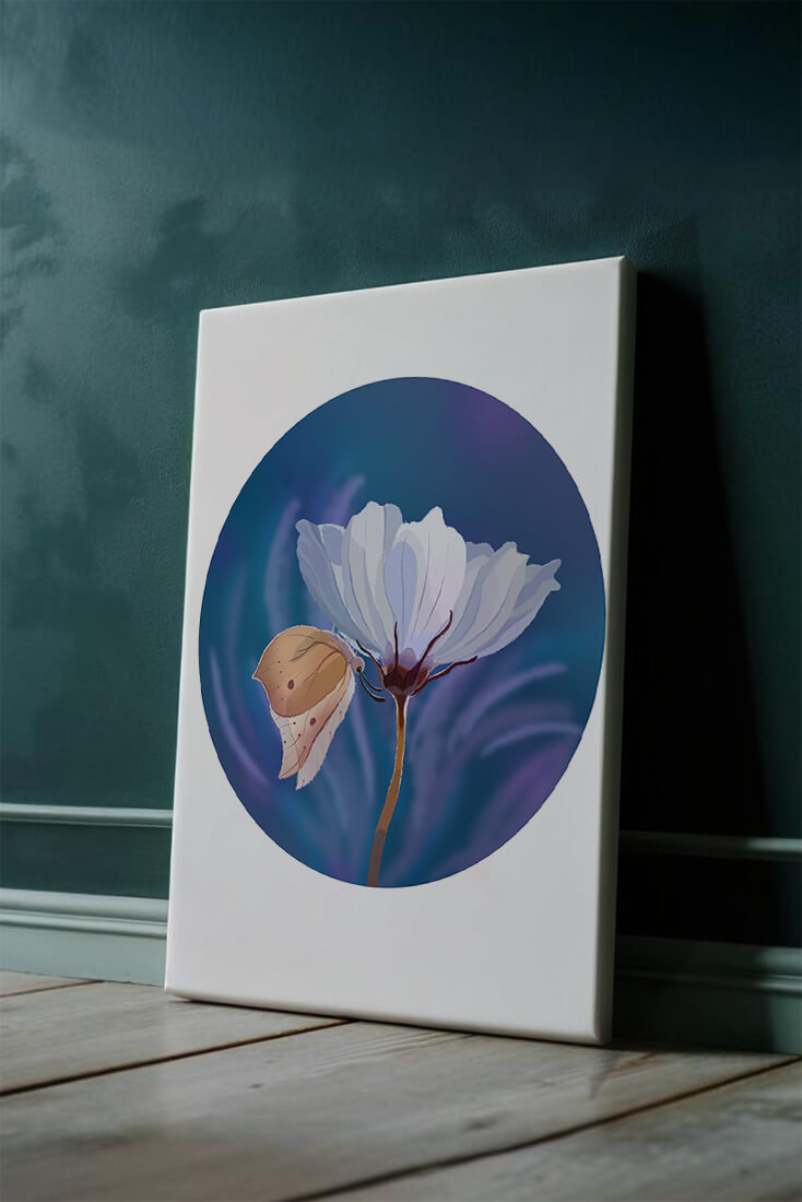 Delicate butterfly resting on a white flower in a serene blue background