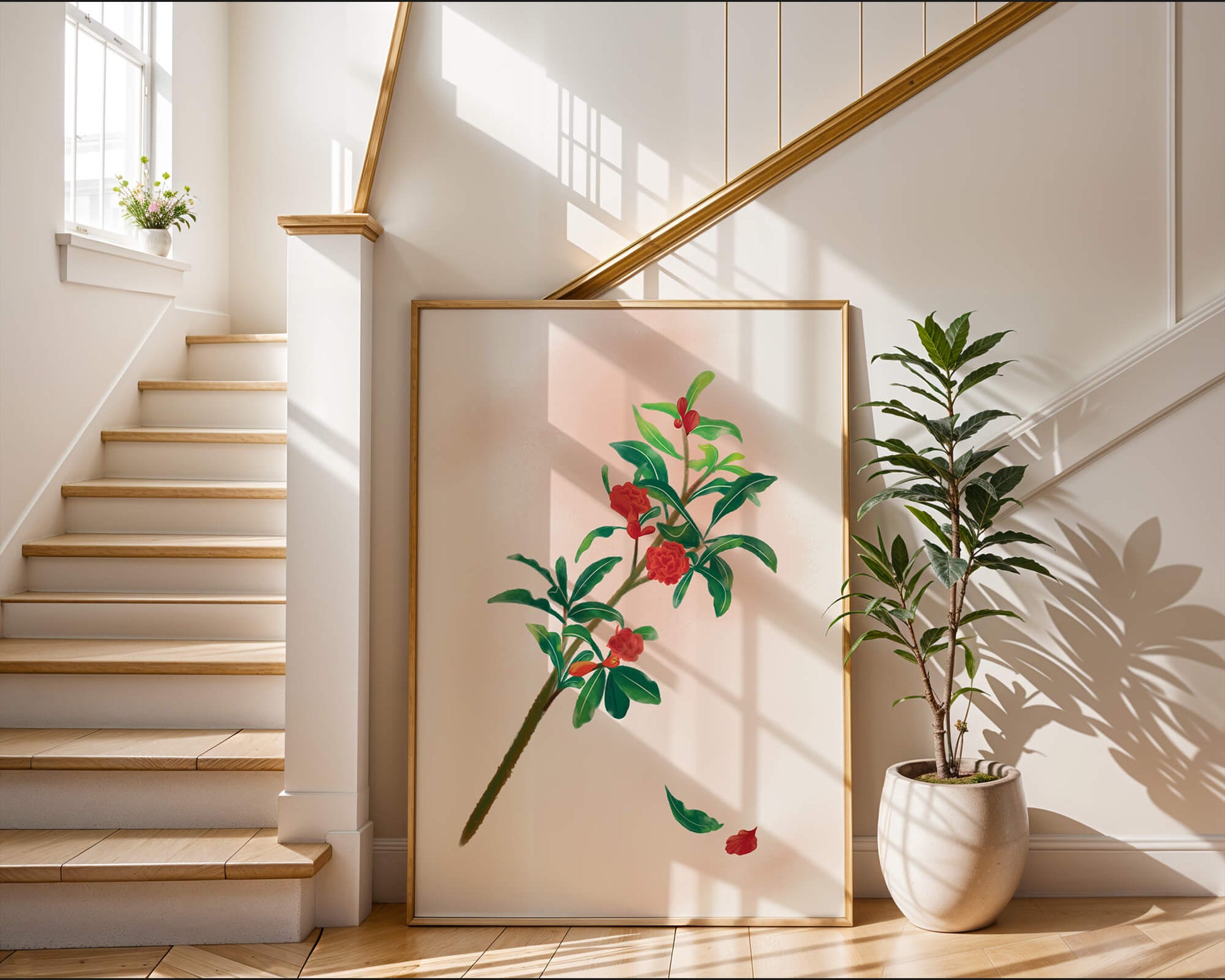 Detailed illustration of a flowering branch with vivid red blooms and lush green leaves