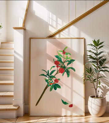 Detailed illustration of a flowering branch with vivid red blooms and lush green leaves