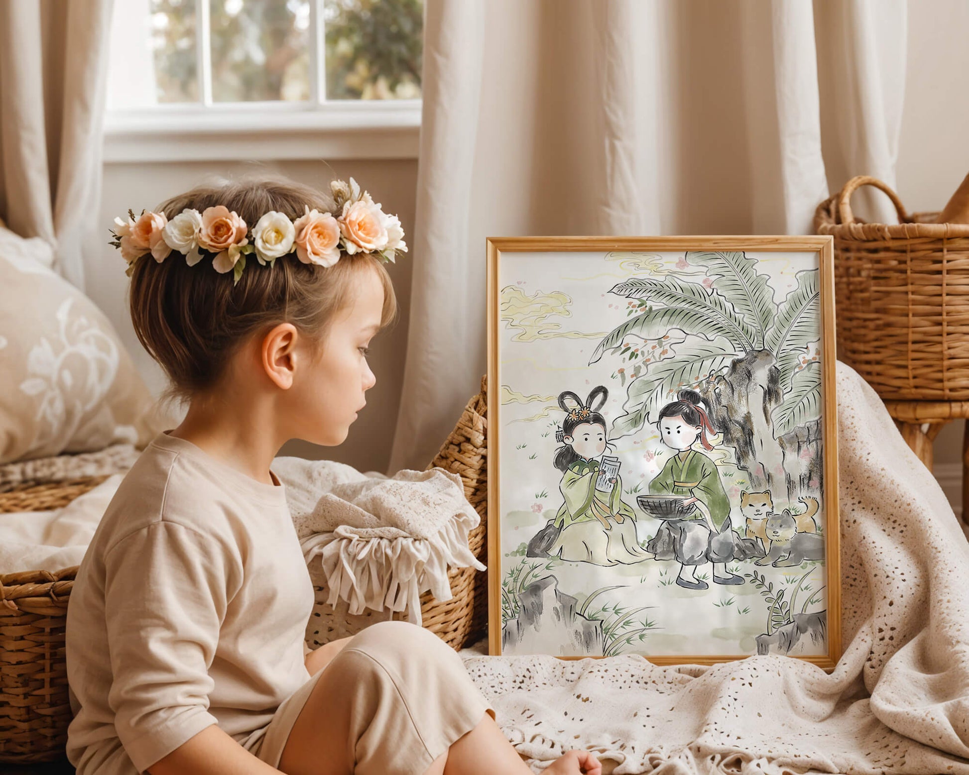 Arte asiático tradicional con dos personas y perros bajo un árbol