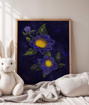 Floral Art with Blue and Yellow Lotus Design on Starry Background