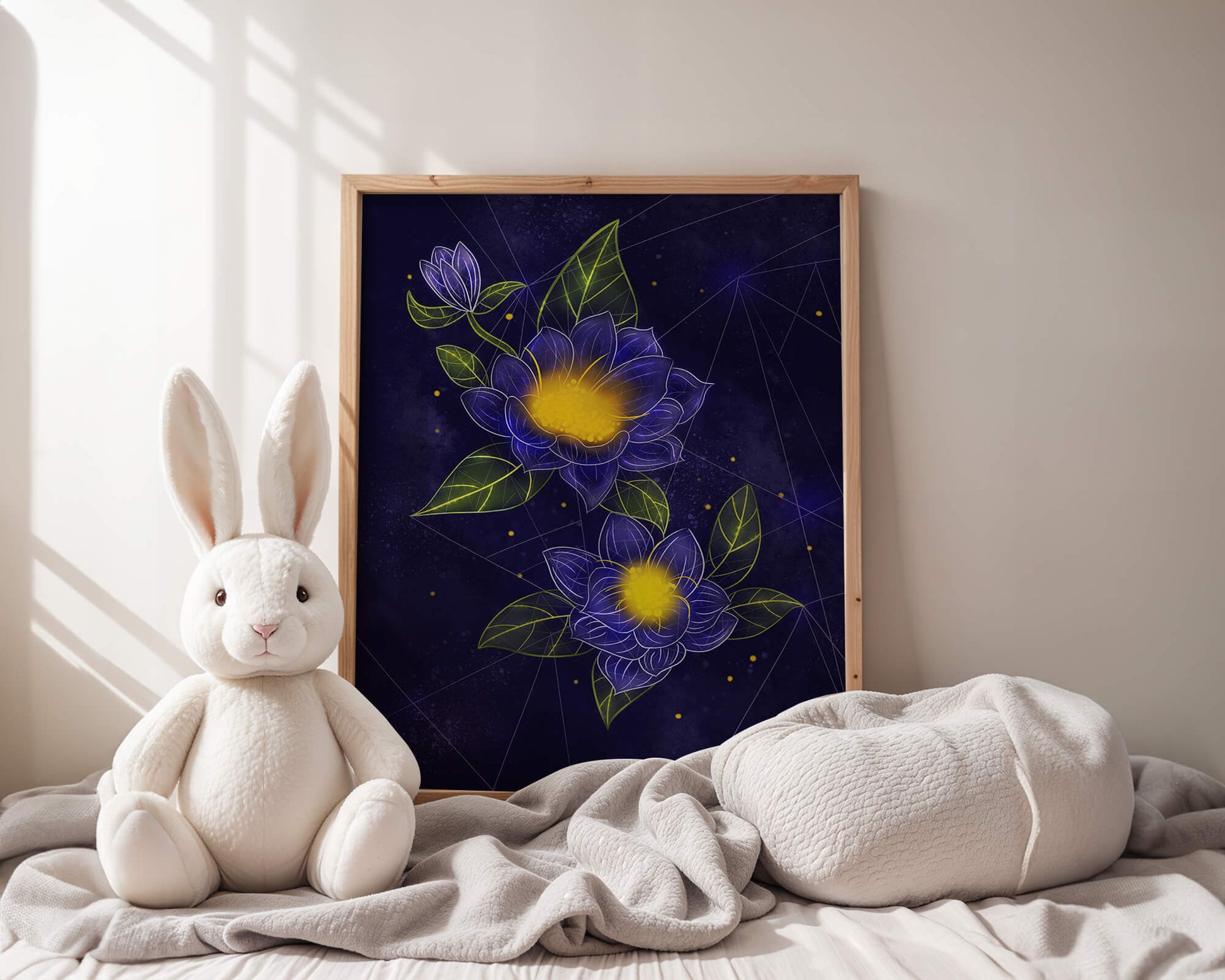 Floral Art with Blue and Yellow Lotus Design on Starry Background