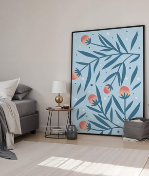 Abstract botanical pattern with colorful flowers and leaves on light blue background