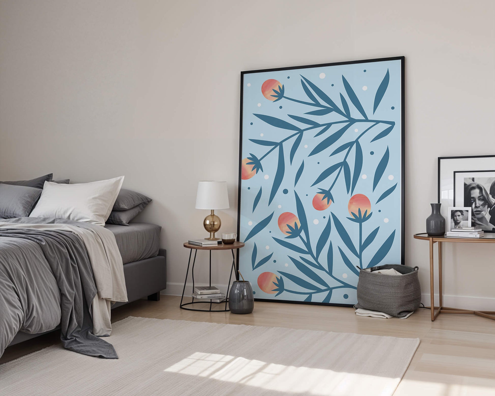 Abstract botanical pattern with colorful flowers and leaves on light blue background