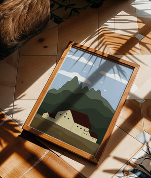 Paisaje minimalista de montaña con casas y pájaros en el cielo