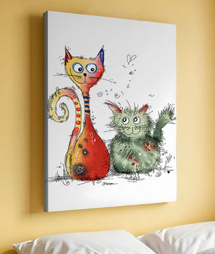 Ilustración artística colorida de dos gatos juguetones sobre fondo blanco