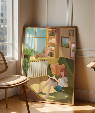 Cozy Living Room with a Reading Girl and Cat by the Window