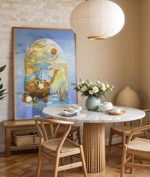 Serene landscape with a bird, fruit basket, and golden reeds under a bright sun