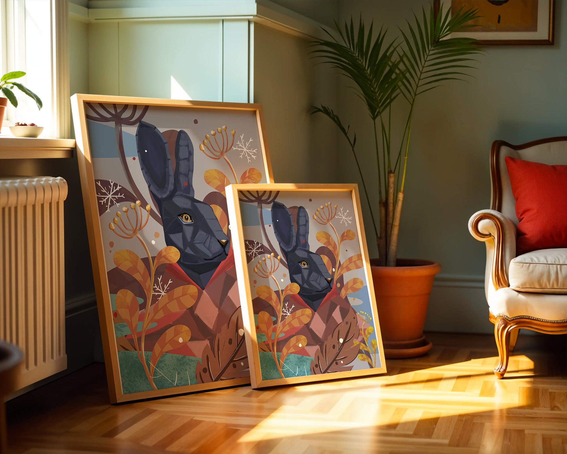 Abstract geometric rabbit in a vibrant autumn floral setting