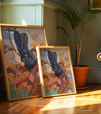 Abstract geometric rabbit in a vibrant autumn floral setting