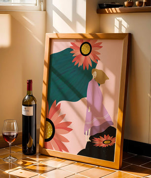 Stylized illustration of woman with vibrant floral elements