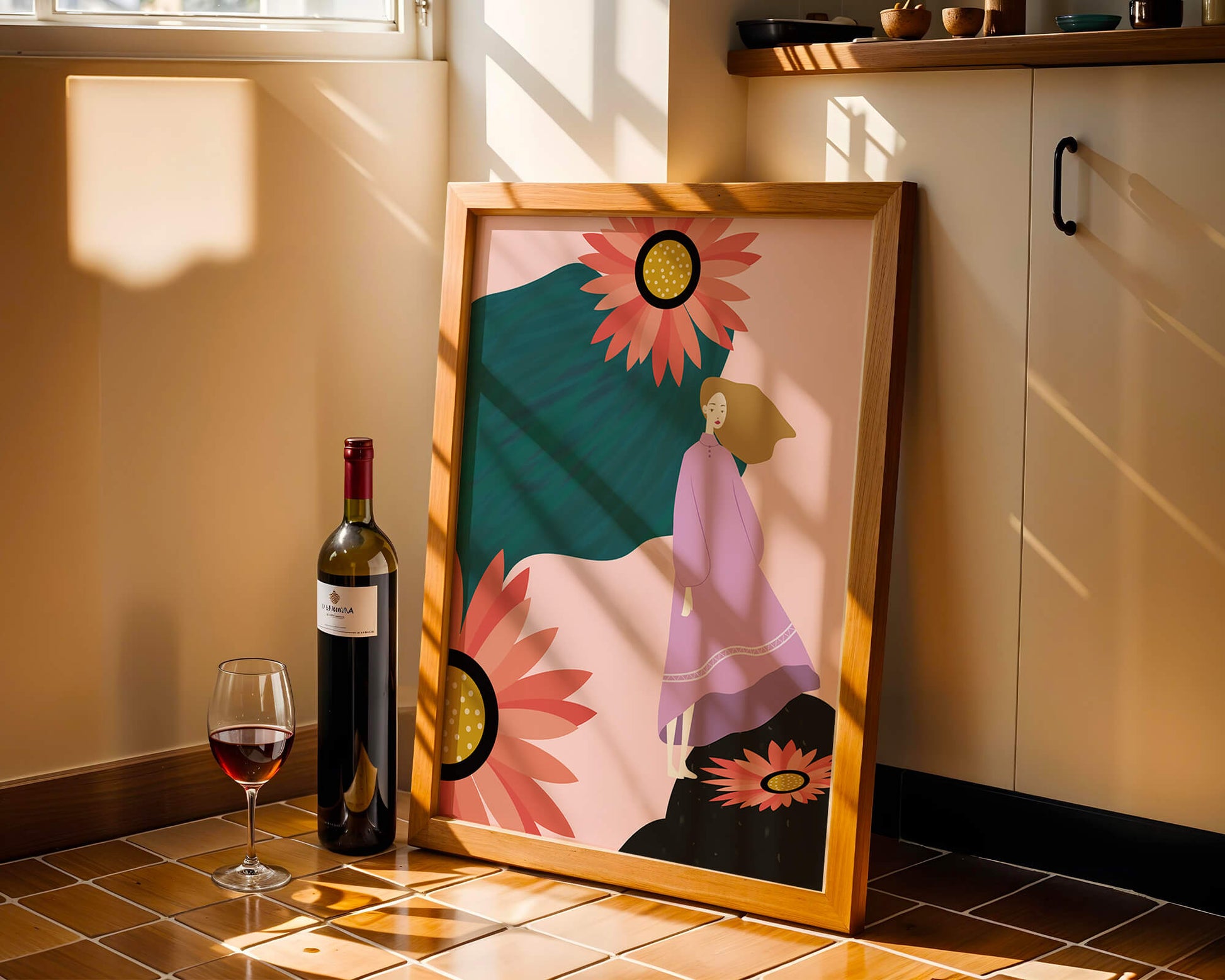 Stylized illustration of woman with vibrant floral elements