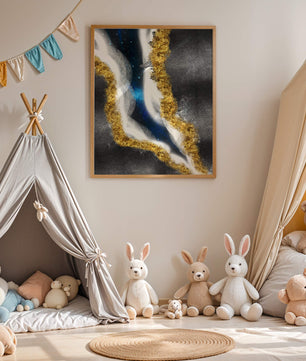 Abstract flowing design with gold, blue, and white textures