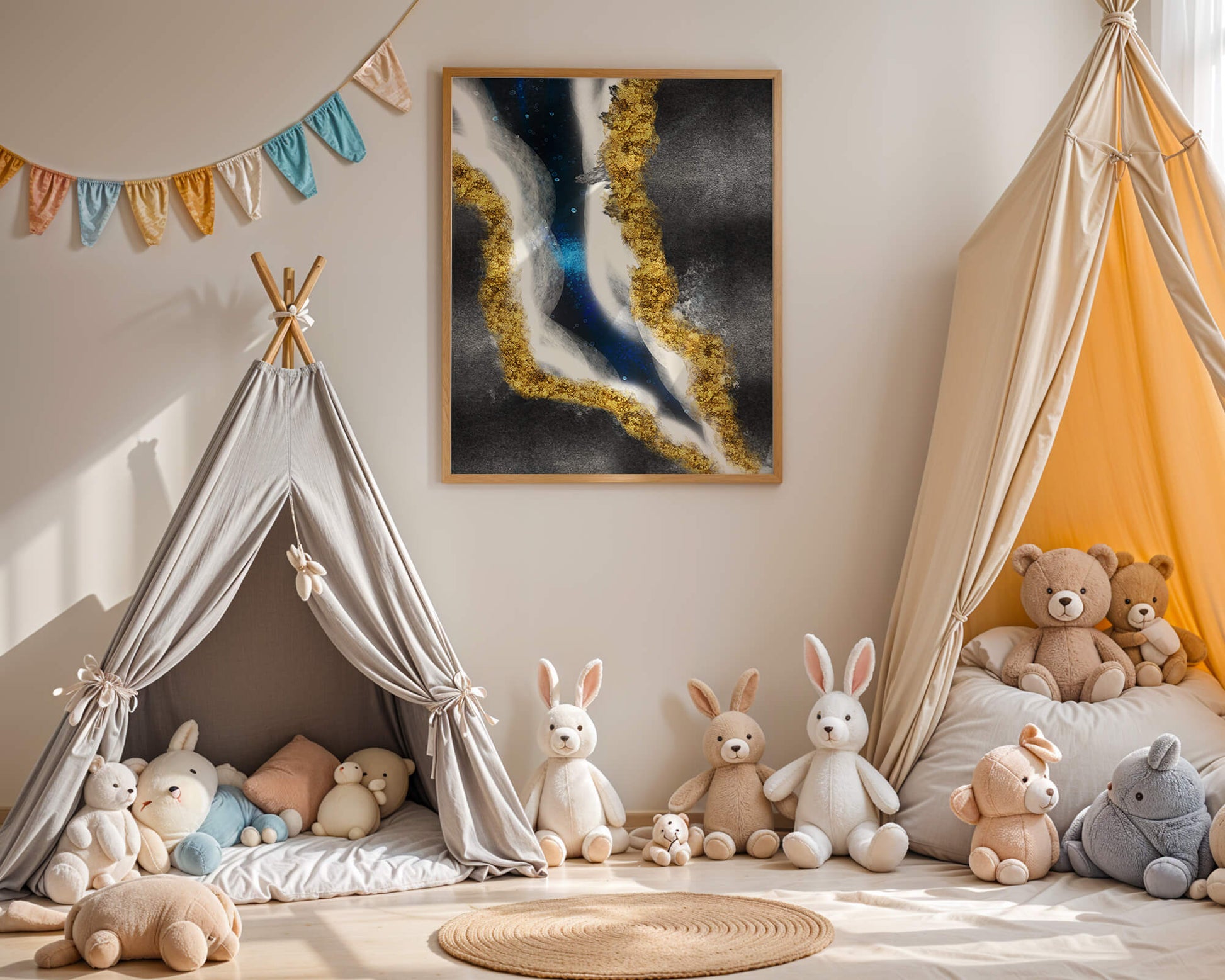 Abstract flowing design with gold, blue, and white textures