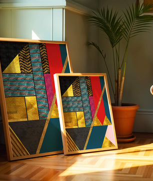 Geometric abstract design with vibrant colors and gold accents
