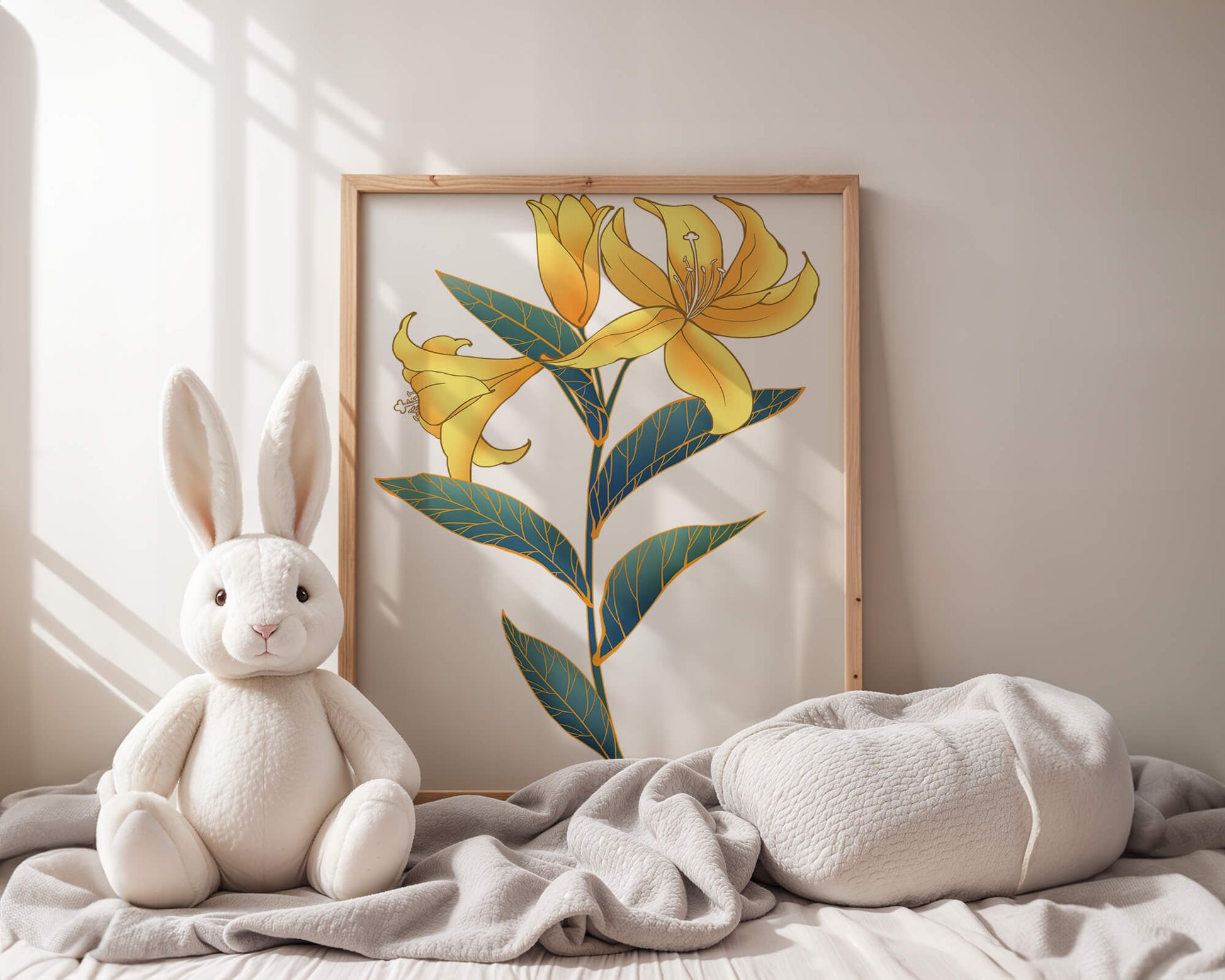 Elegant golden lily illustration with intricate leaf details