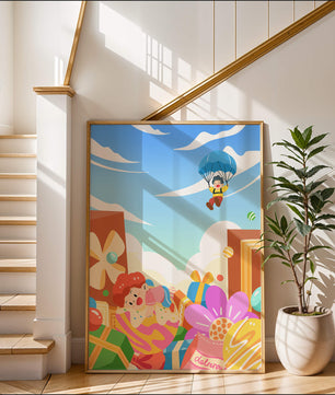Colorful illustration with presents and children playing under a blue sky