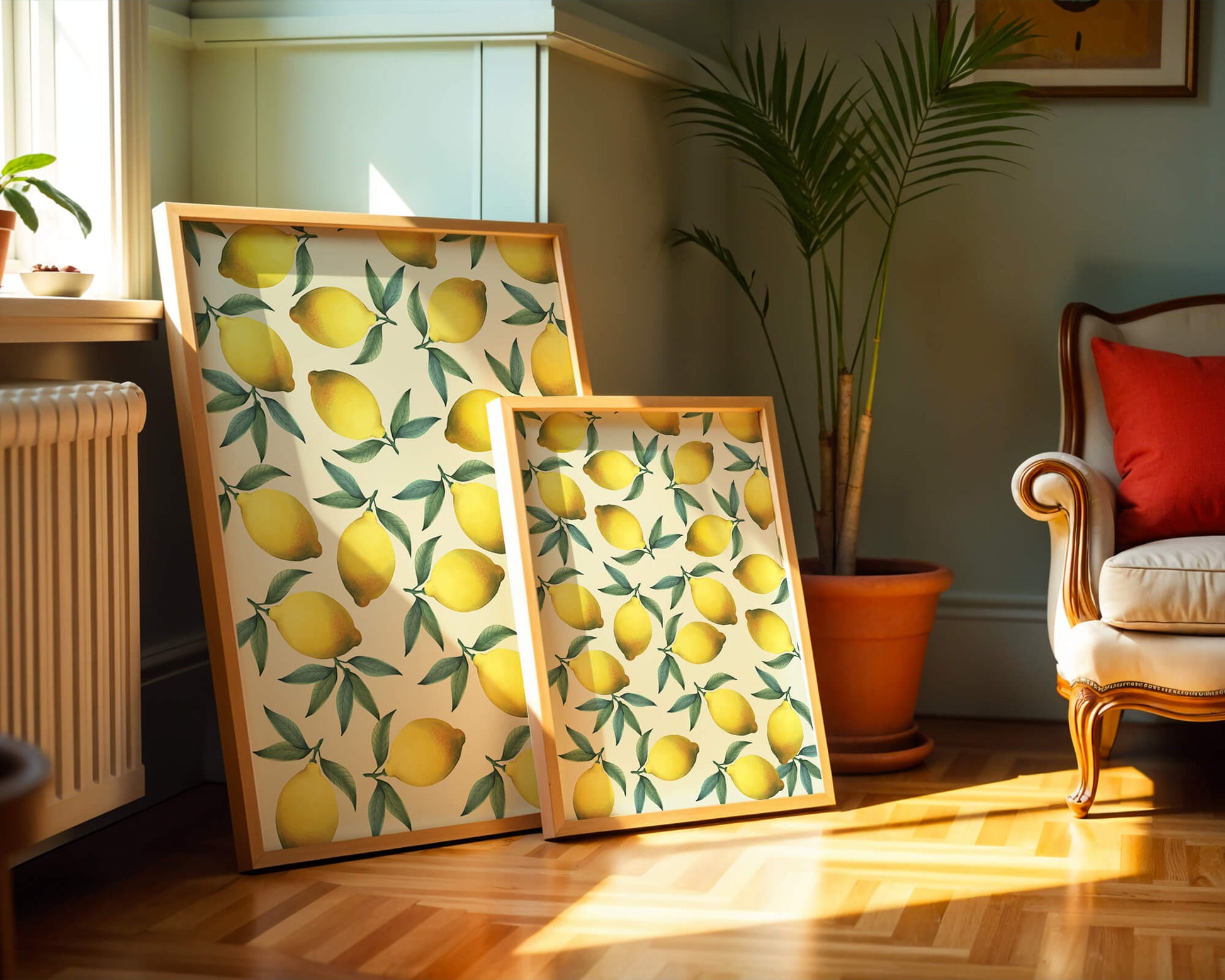 Vibrant lemon pattern with green leaves on a light background