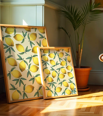 Vibrant lemon pattern with green leaves on a light background