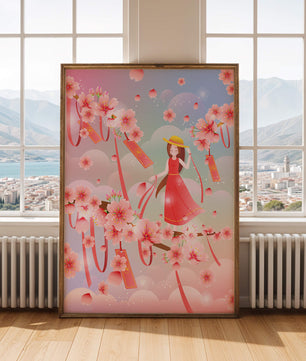 Scène printanière sereine avec des cerisiers en fleurs et une fille portant un chapeau