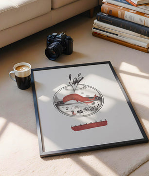 Ilustración de una ballena dentro de una pecera con una regla rosa
