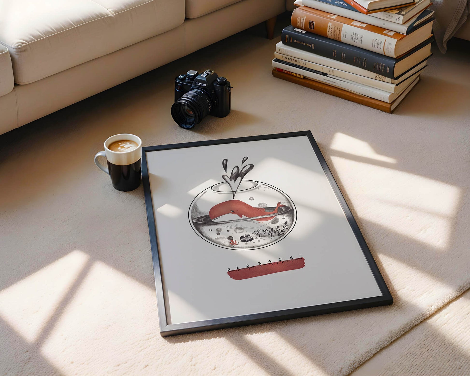 Illustration of a whale inside a fishbowl with a pink ruler