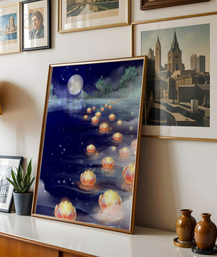 Río iluminado por la luna con linternas flotantes y montañas bajo una noche estrellada