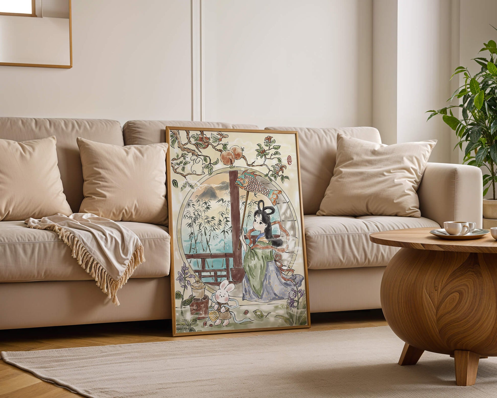 Escena de jardín tranquilo con una niña y un conejo