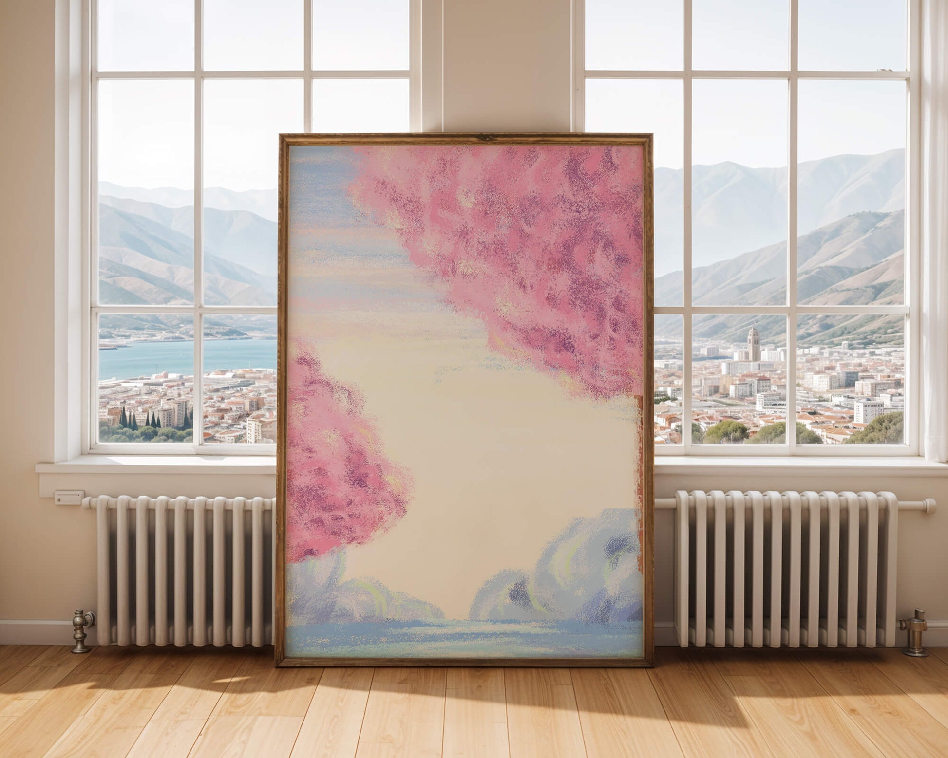Serene Landscape with Cherry Blossom Trees and Tranquil Sky