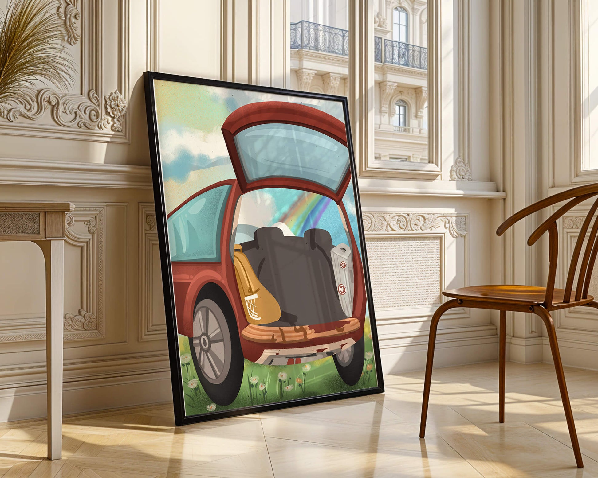 Car Trunk with Picnic Items and Rainbow in Background