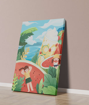 Paysage estival coloré avec des fruits tropicaux et des enfants qui se détendent