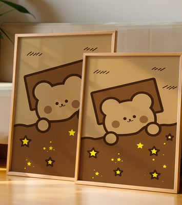Adorable bear peeking out from a blanket with stars illustration