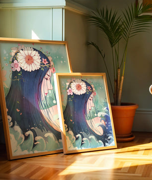 Illustration of a serene woman with floral crown and ocean waves