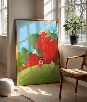 Paysage serein avec d'énormes fraises et une femme dans une prairie en fleurs