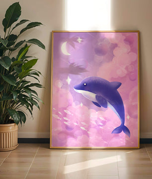 Dreamlike underwater scene with dolphin and moonlit sky