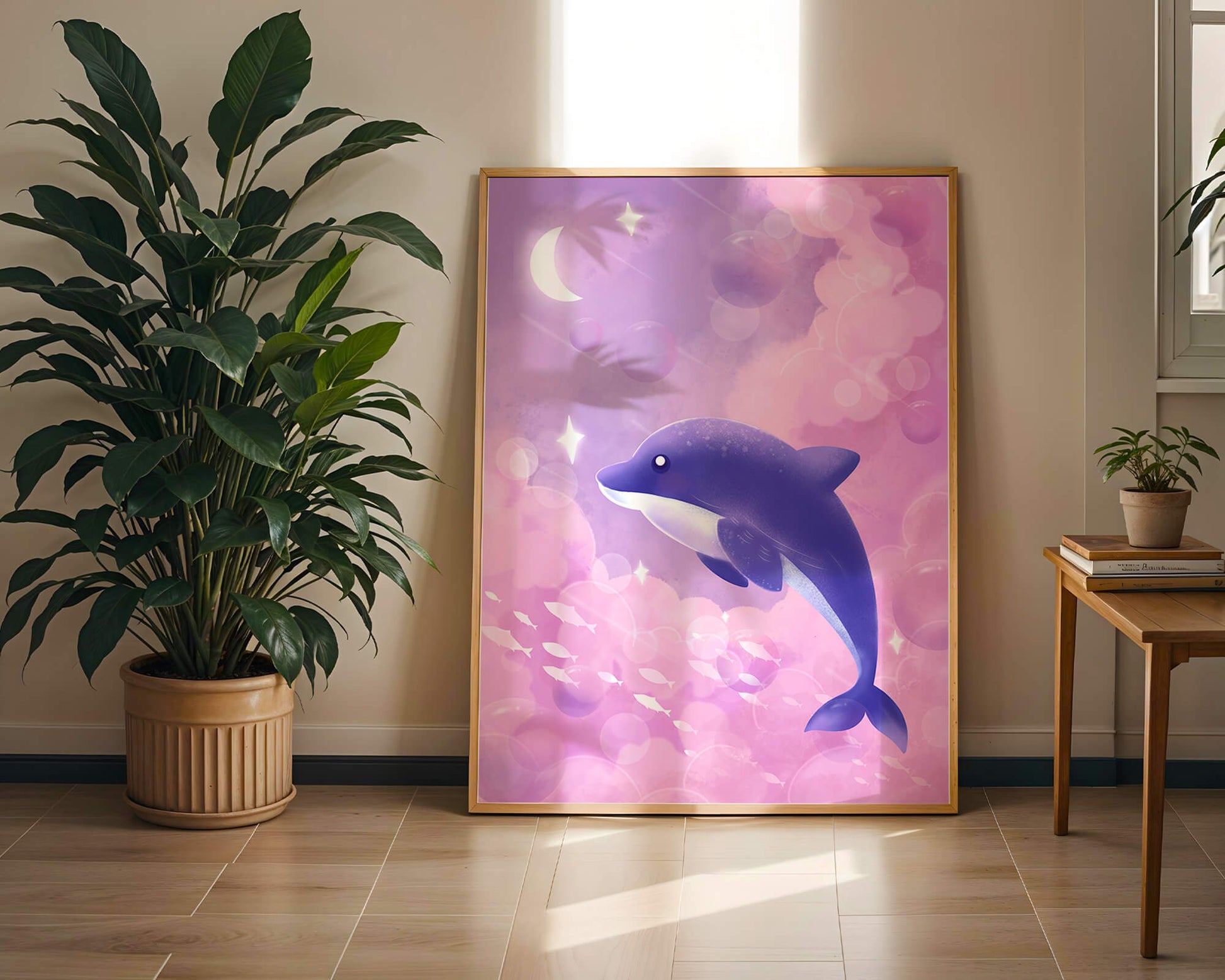 Dreamlike underwater scene with dolphin and moonlit sky