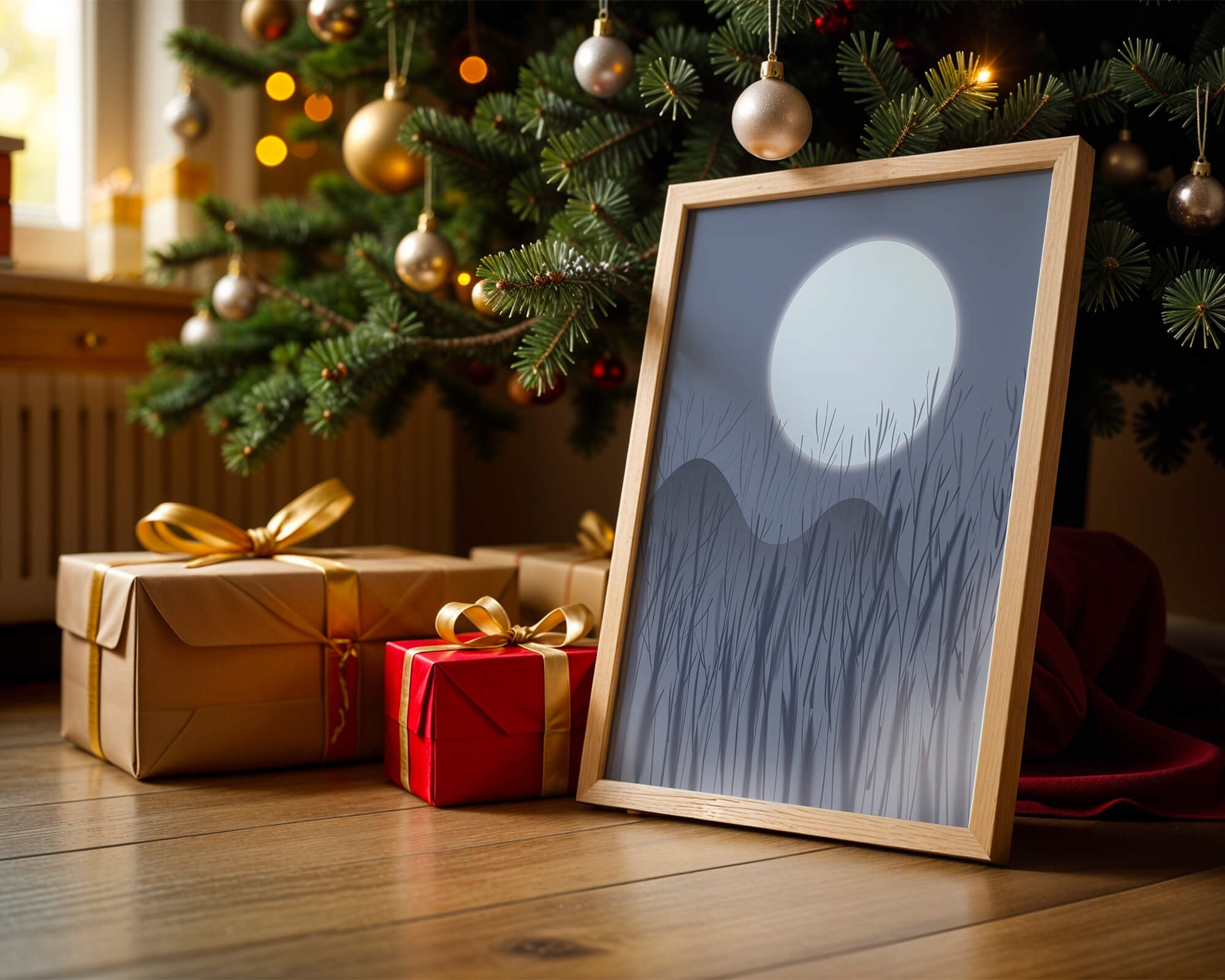 Ruhige Nachtlandschaft mit Vollmond und kahlen Bäumen