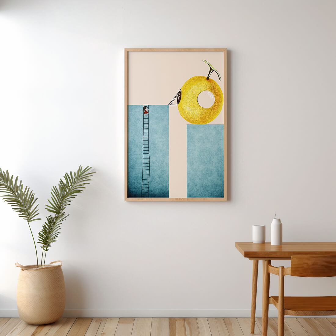 Woman Climbing Ladder towards Giant Yellow Fruit