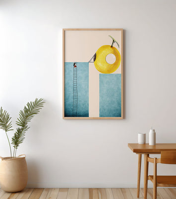 Woman Climbing Ladder towards Giant Yellow Fruit